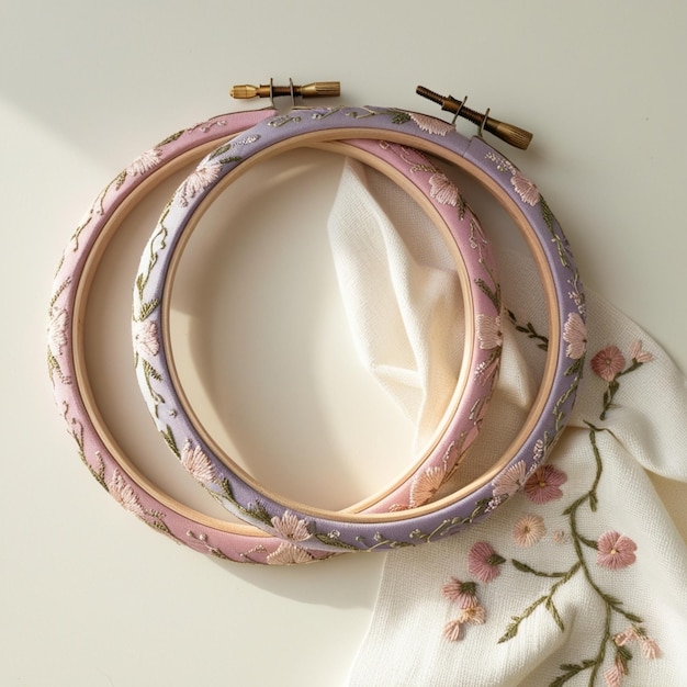 Ręcznie wyszywany kwiatowy wzór na lnianym płótnie