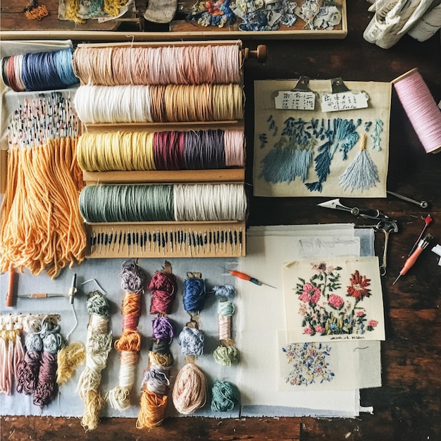 Zestaw nici i próbki haftu